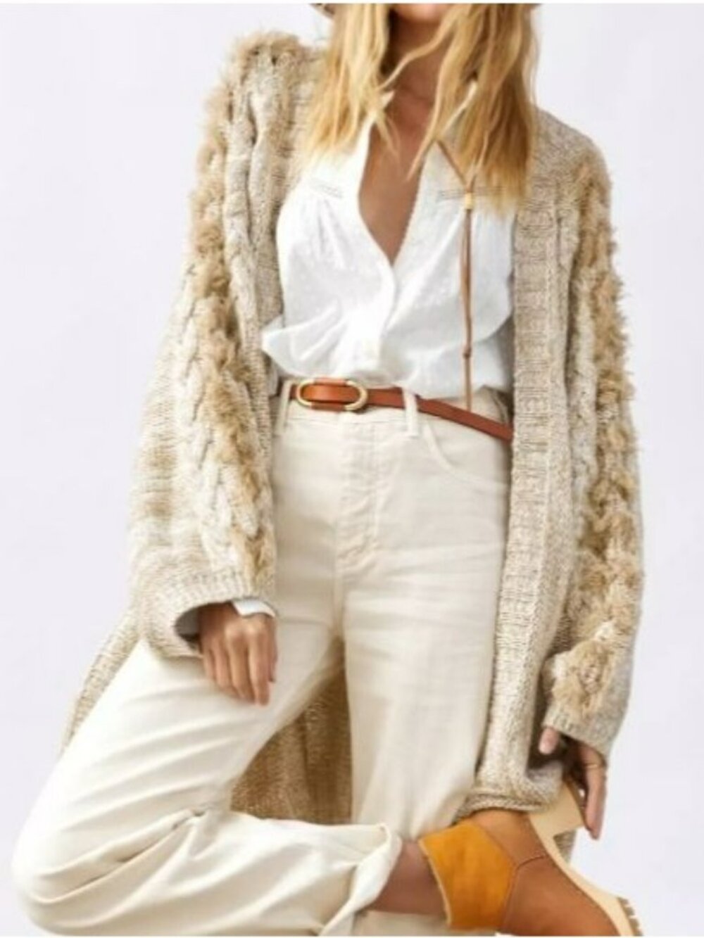 Anthropologie Chunky Knit Fringe Sleeve Open Front Cardigan One Size Beige/Tan - Picture 1 of 12